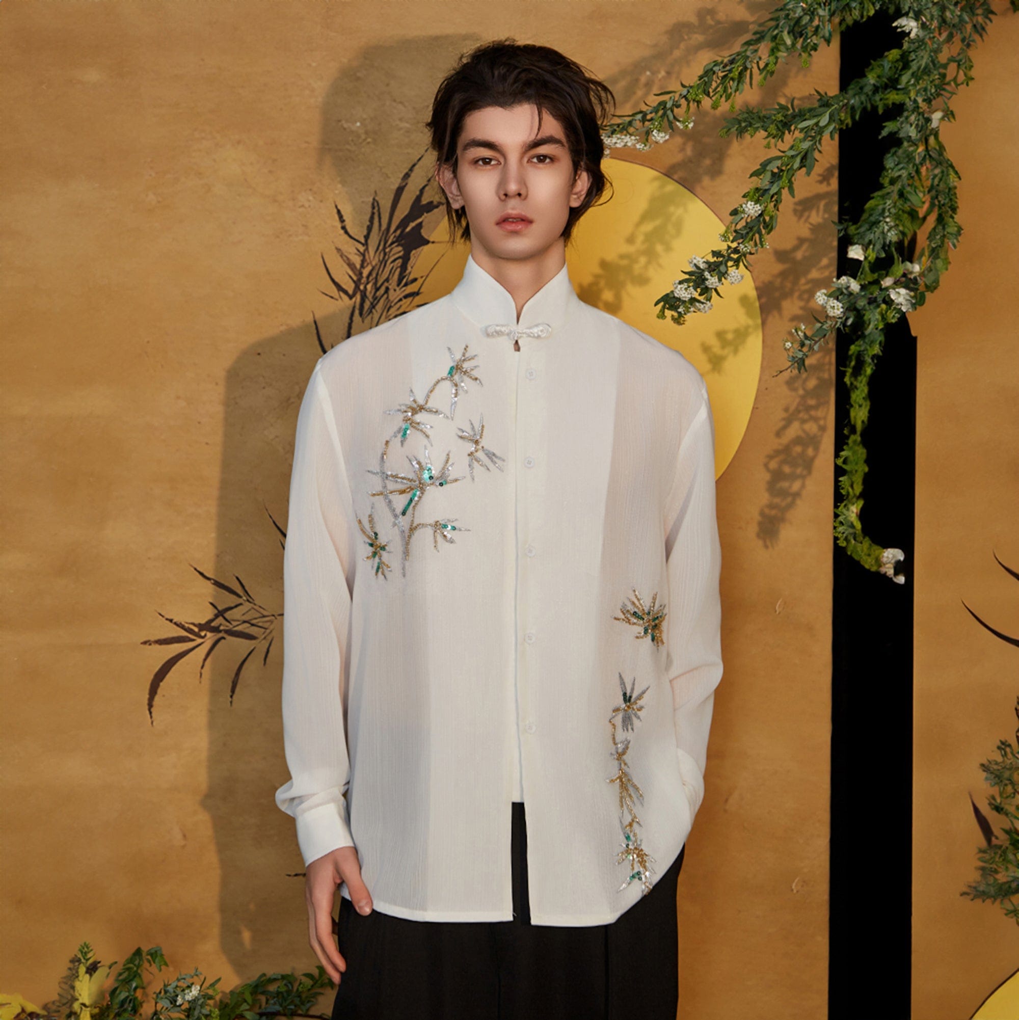 JIECHI Embroidered Bamboo Sheer Flowing Shirt-Shirt-M-Free Shipping Leatheretro