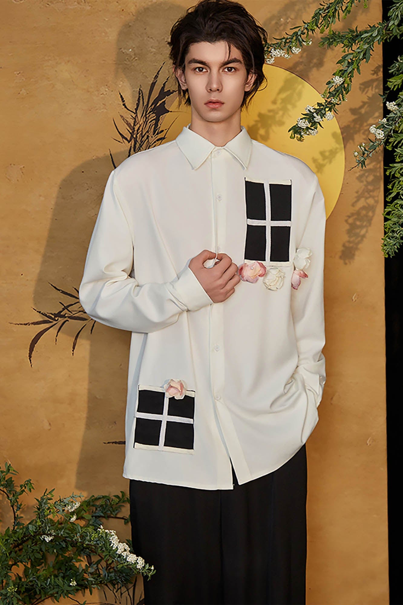 JIECHI Contrast Panel Floral Satin Shirt-Shirt-M-Free Shipping Leatheretro