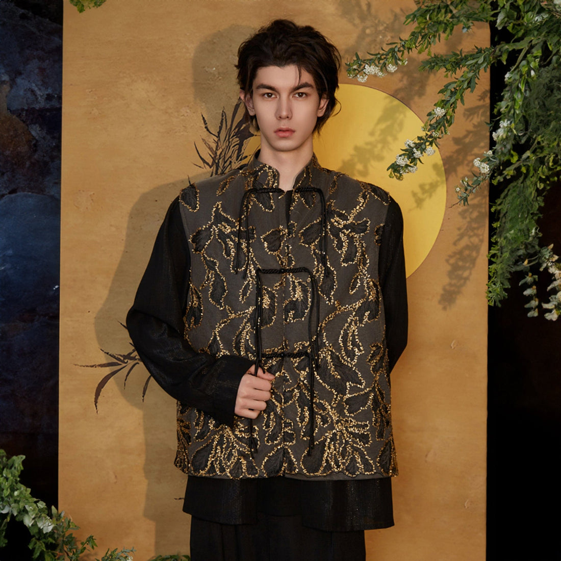 JIECHI Embroidered Metallic Jacquard Frog Button Shirt-Shirt-M-Free Shipping Leatheretro