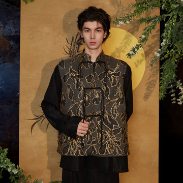 JIECHI Embroidered Metallic Jacquard Frog Button Shirt-Shirt-M-Free Shipping Leatheretro