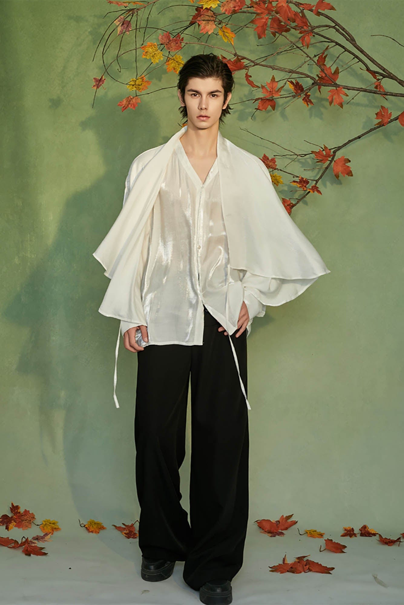 JIECHI Draped Cape Satin Shirt-Shirt-M-Free Shipping Leatheretro