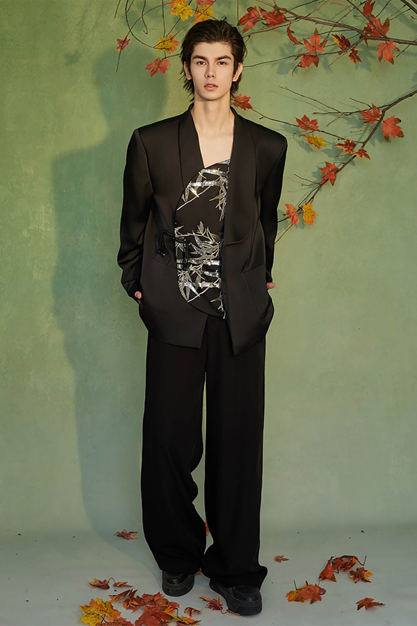 JIECHI Silver Bamboo Embroidery Asymmetrical Placket Blazer-Jacket-M-Free Shipping Leatheretro