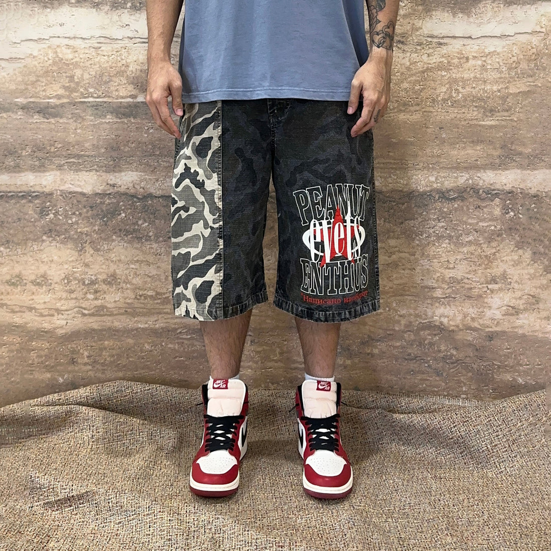 EVETS Washed Camo Panel Graphic Shorts-Shorts-S-Free Shipping Leatheretro