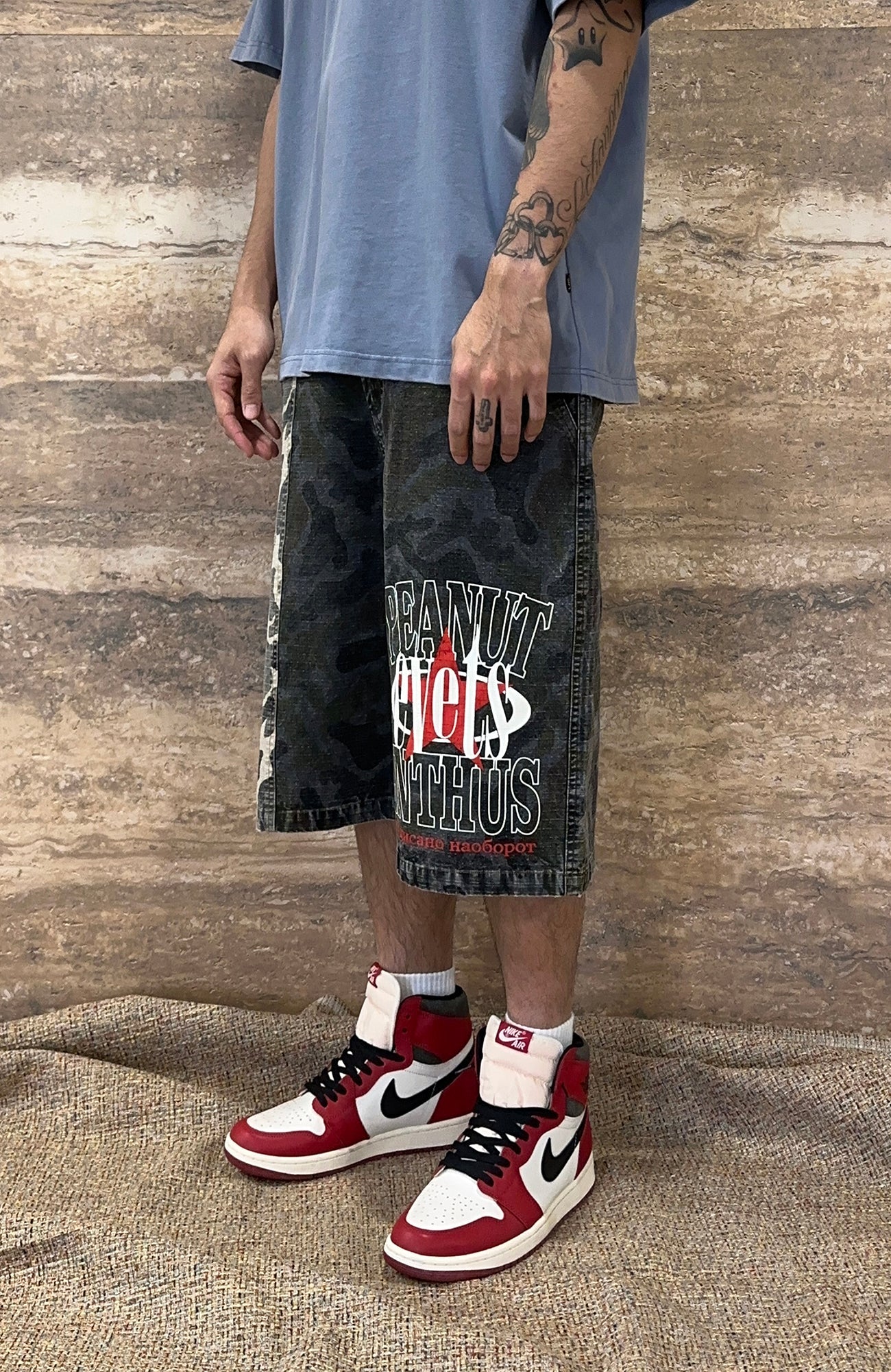 EVETS Washed Camo Panel Graphic Shorts-Shorts-S-Free Shipping Leatheretro