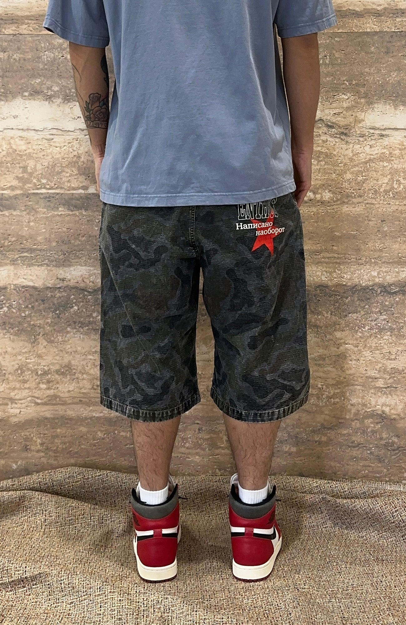 EVETS Washed Camo Panel Graphic Shorts-Shorts-S-Free Shipping Leatheretro