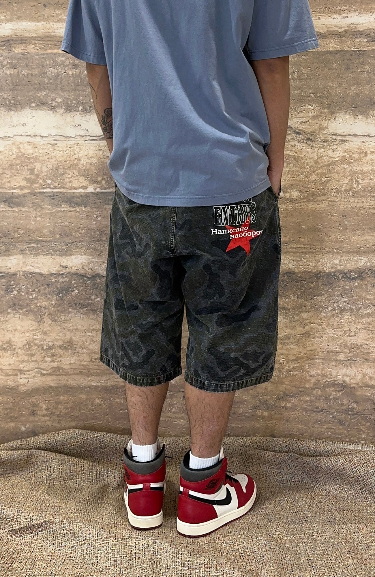 EVETS Washed Camo Panel Graphic Shorts-Shorts-S-Free Shipping Leatheretro