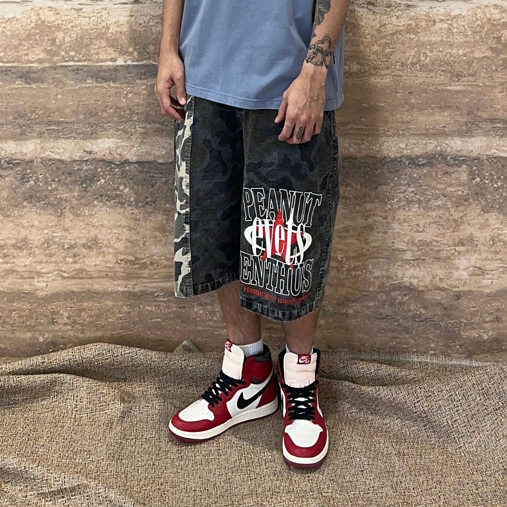 EVETS Washed Camo Panel Graphic Shorts-Shorts-S-Free Shipping Leatheretro