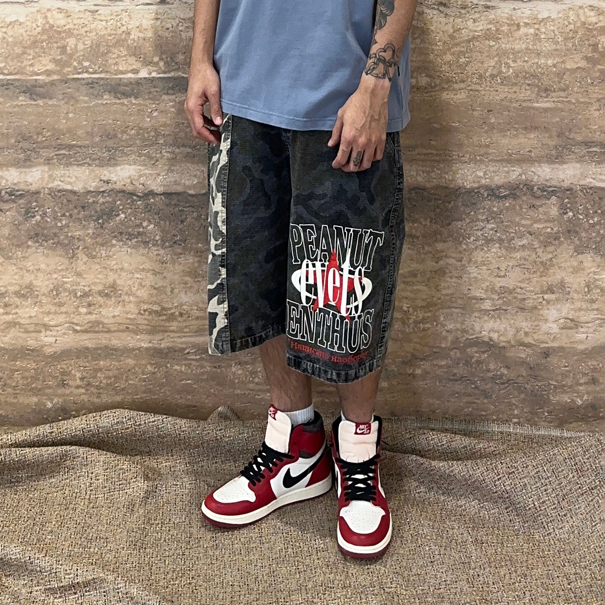 EVETS Washed Camo Panel Graphic Shorts-Shorts-S-Free Shipping Leatheretro