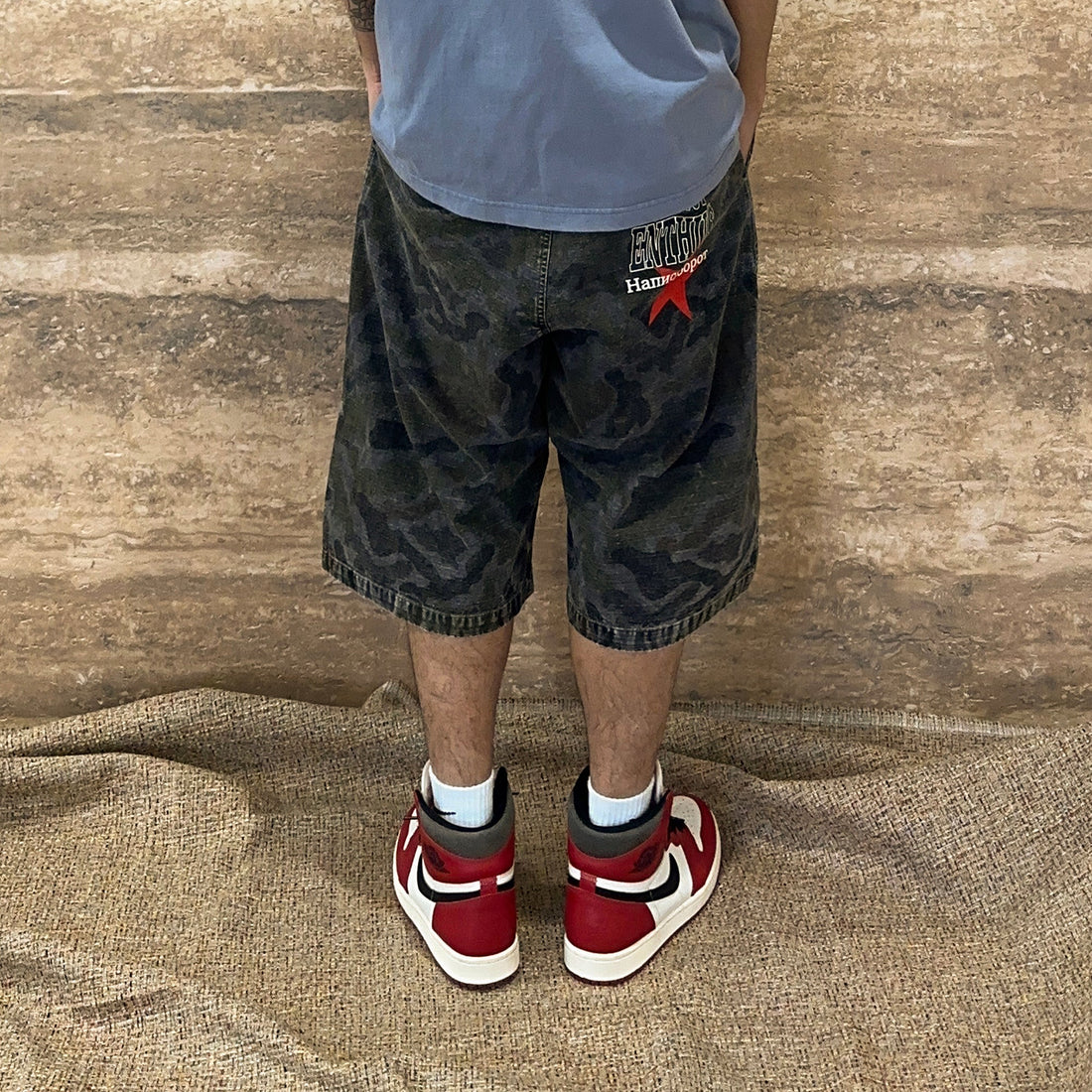 EVETS Washed Camo Panel Graphic Shorts-Shorts-S-Free Shipping Leatheretro
