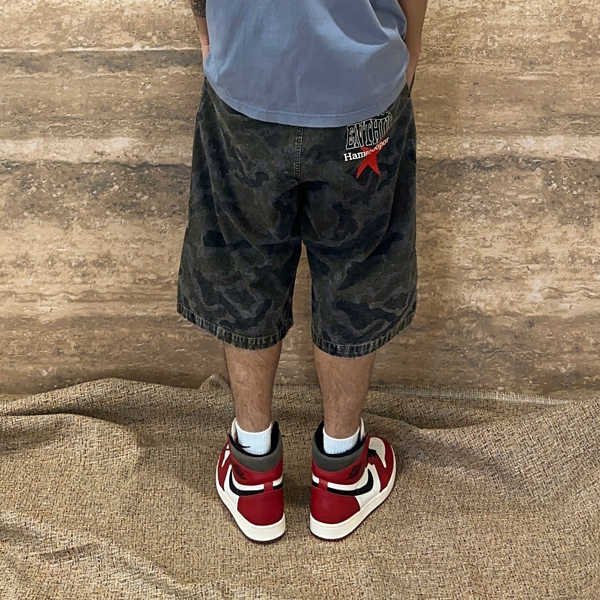 EVETS Washed Camo Panel Graphic Shorts-Shorts-S-Free Shipping Leatheretro