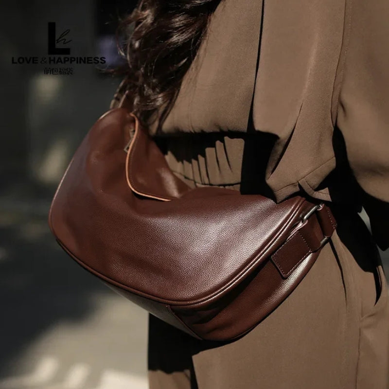 Cowhide Leather Retro Fashion Saddle Bag - Crossbody Luxury Handbag-Handbags-Black-Small-Free Shipping Leatheretro