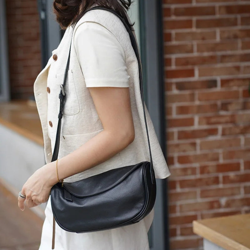 Cowhide Leather Retro Fashion Saddle Bag - Crossbody Luxury Handbag-Handbags-Black-Small-Free Shipping Leatheretro