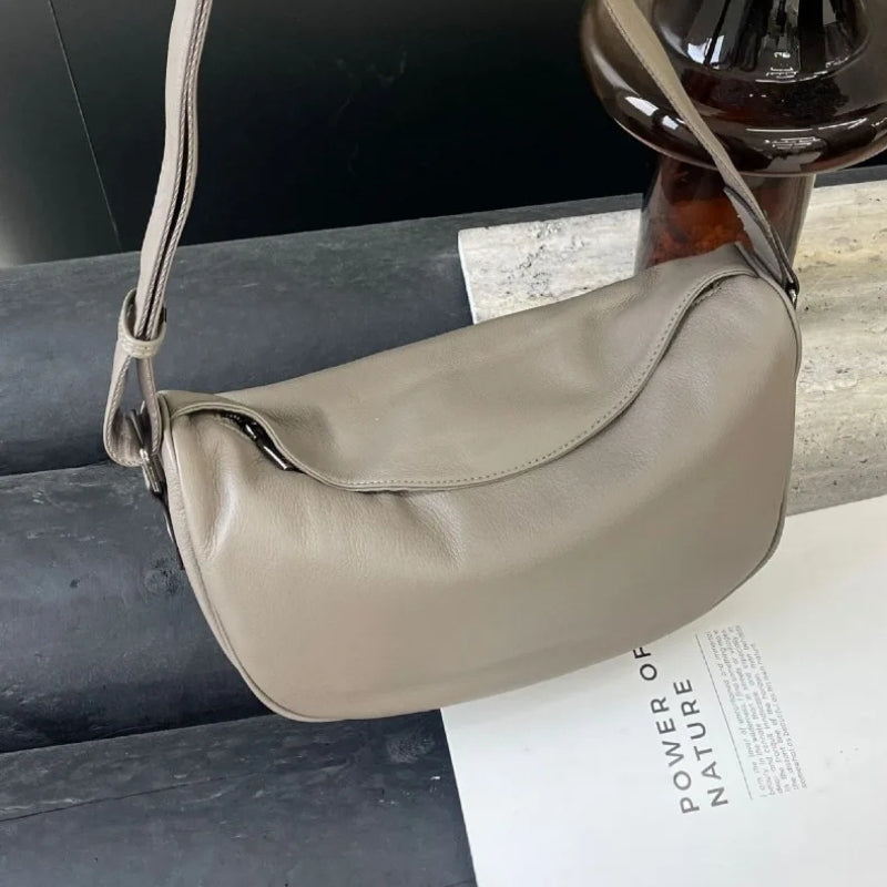 Cowhide Leather Retro Fashion Saddle Bag - Crossbody Luxury Handbag-Handbags-Gray-Small-Free Shipping Leatheretro