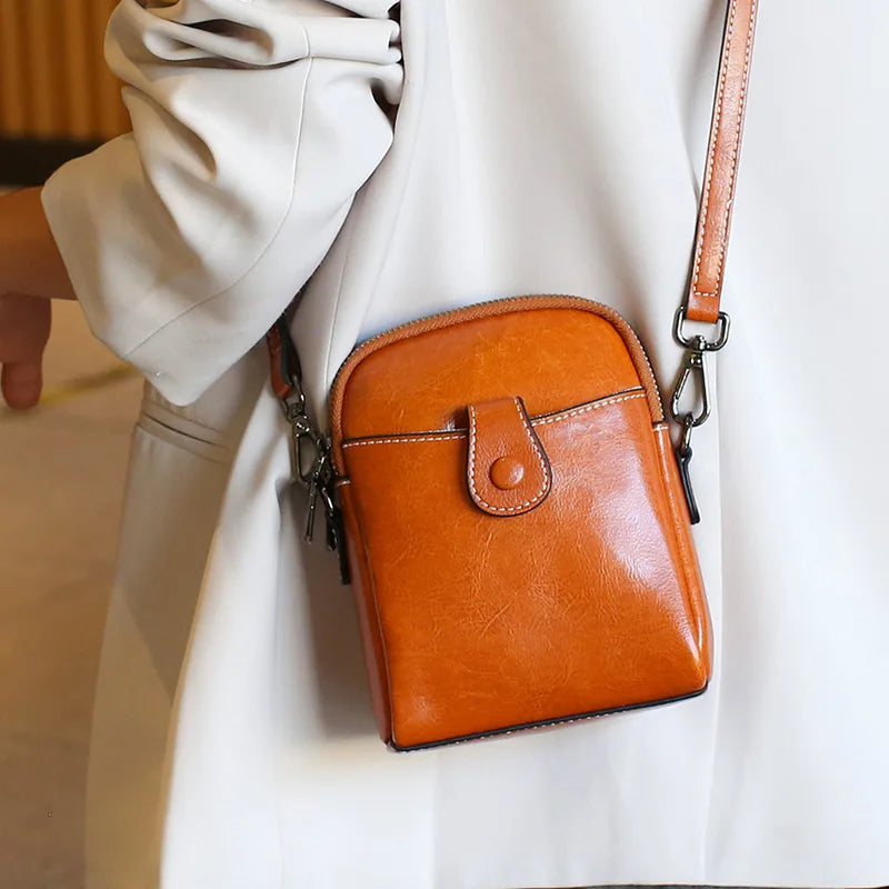 Women's Real Cowhide Mobile Phone Bag - Single Shoulder Crossbody Bag-Caramel-Free Shipping Leatheretro