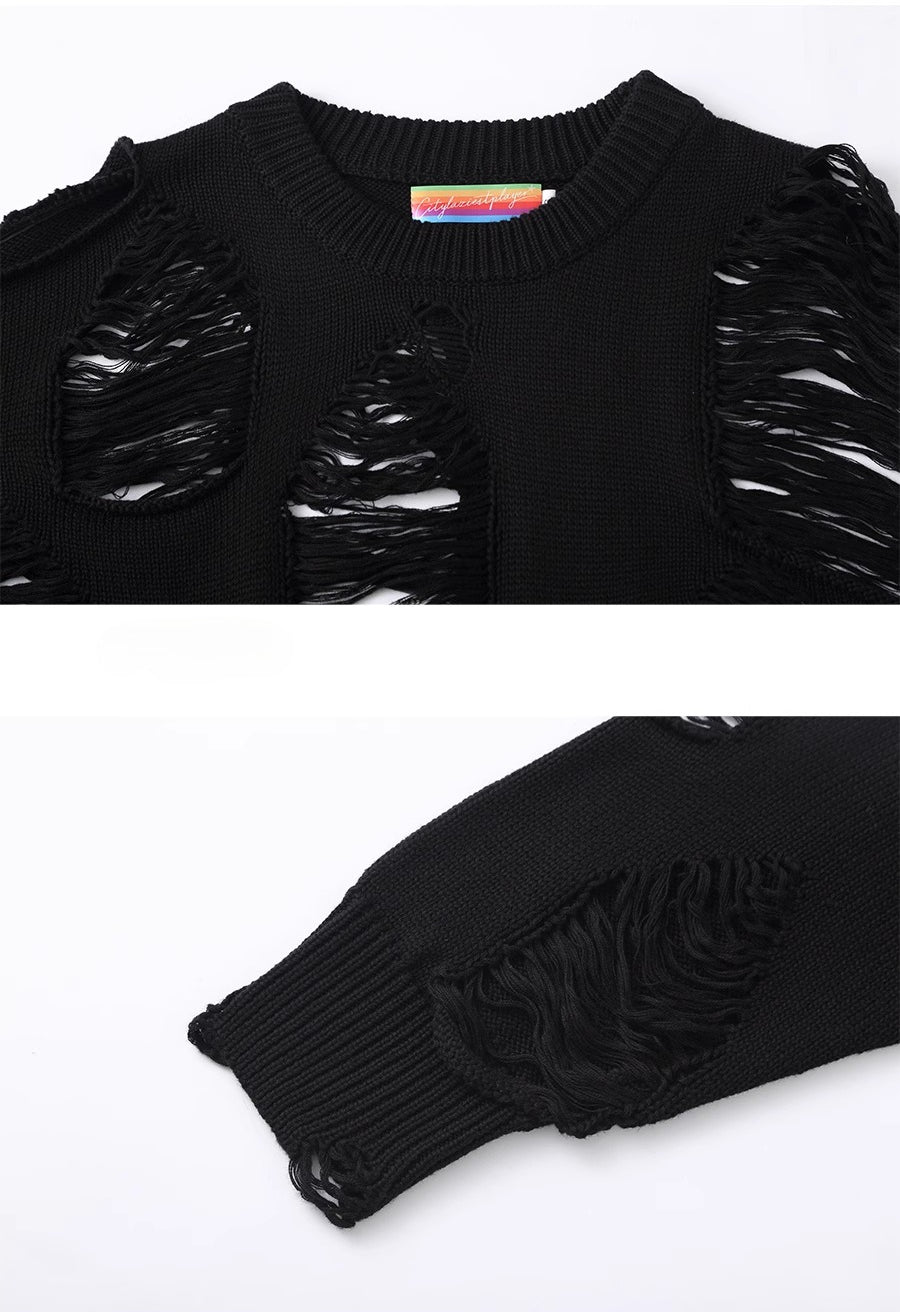 CLP Unisex Distressed Knit Sweater-Black-S-Free Shipping Leatheretro