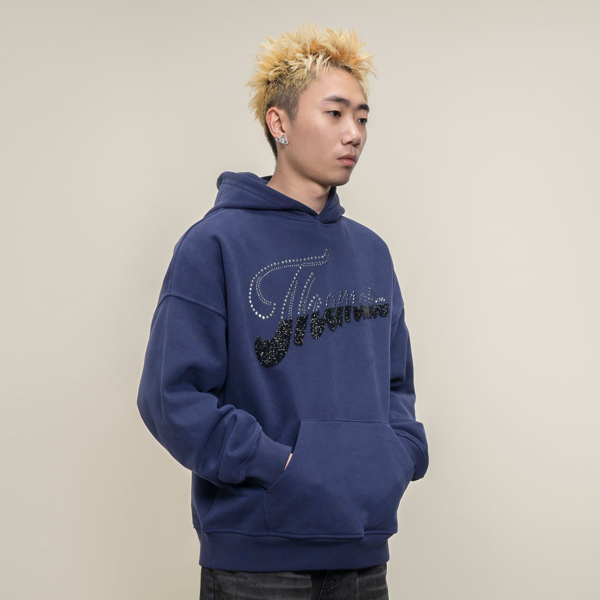 MAKEMORE Rhinestone Contrast LOGO Fleece Hoodie-Hoodie-S-Free Shipping Leatheretro