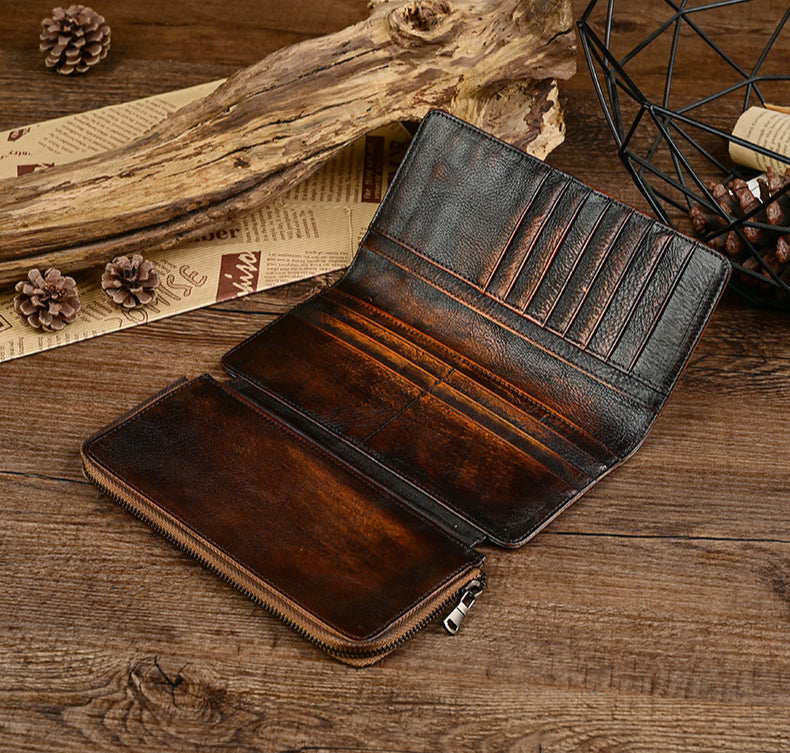 Genuine Leather Men's Vintage Distressed Multi-Card Long Wallet-Handbags, Wallets & Cases-Coffee-Free Shipping Leatheretro