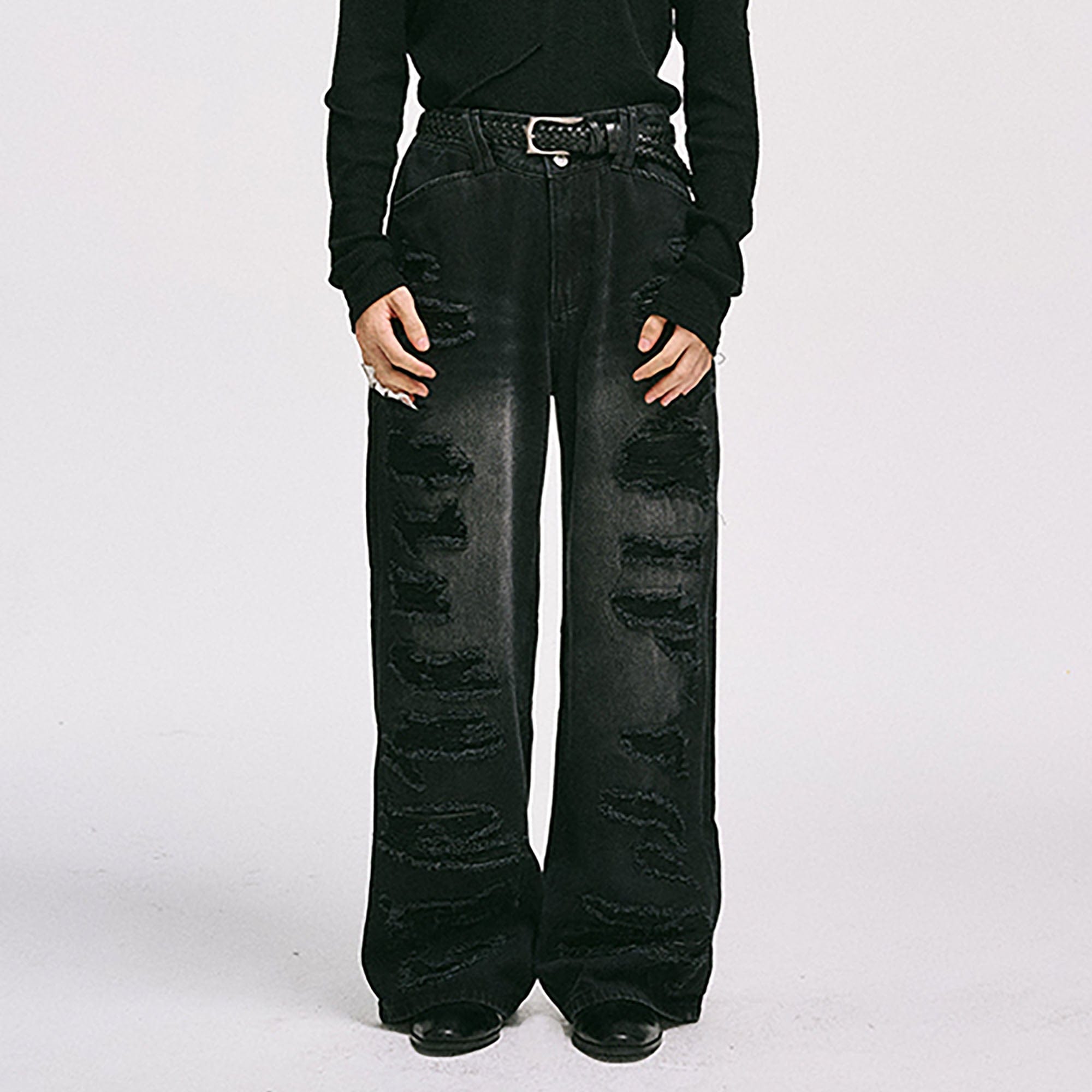 CATSSTAC Ripped Washed Faux-Leather Panel Wide-Leg Jeans-Jeans-M-Free Shipping Leatheretro