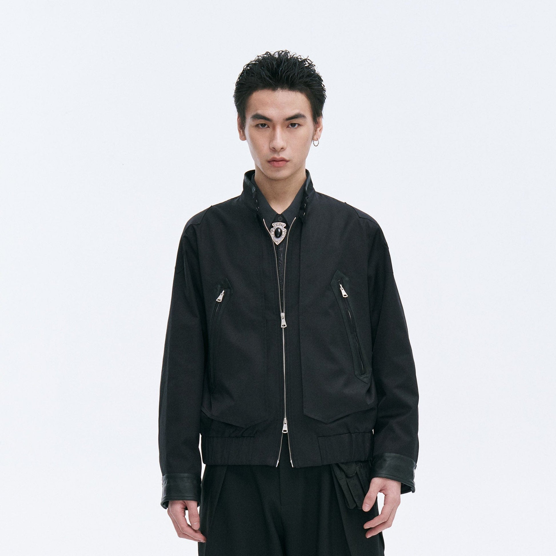 CATSSTAC Leather Panel Stand Collar Jacket-Jacket-M-Free Shipping Leatheretro