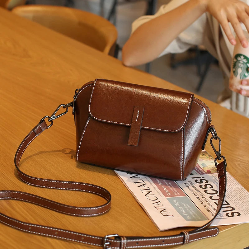 Oil Wax Cowhide Leather Crossbody Bag - Fashionable Versatile Shoulder Shell Handbag-Crossbody Bag-Coffee-Free Shipping Leatheretro