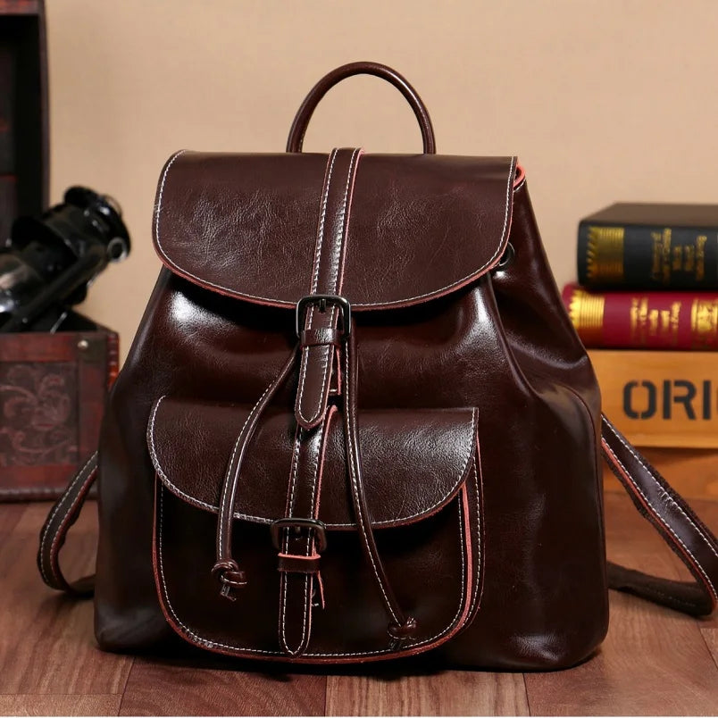 Genuine Waxed Leather Drawstring Backpack for Women-Backpacks-Coffee-Free Shipping Leatheretro