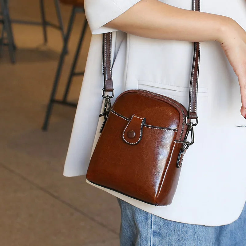 Women's Real Cowhide Mobile Phone Bag - Single Shoulder Crossbody Bag-Coffee-Free Shipping Leatheretro