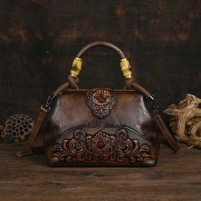 Women Leather Handmade Luxury Shoulder Handbag - Vintage Carved Ladies Bag-Coffee-Free Shipping Leatheretro