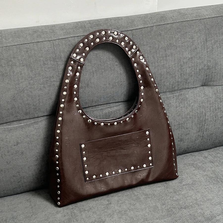 Retro Rivet Oil Wax Leather Shoulder Bag-Handbags-Coffee-Free Shipping Leatheretro
