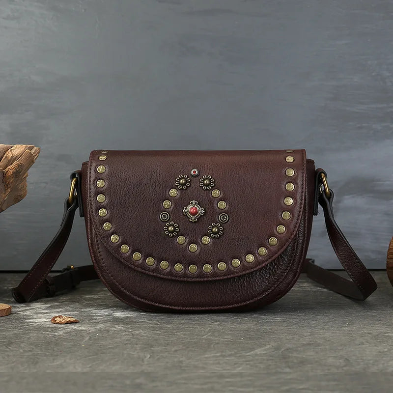 Genuine Leather Women's Saddle Bag - Retro Handmade Rivet Crossbody Bags-Handbags-Coffee-Free Shipping Leatheretro