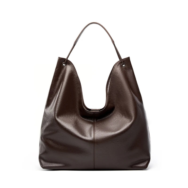 Cowhide Genuine Leather Large Hobo Shoulder Bag for Women-Handbags-Coffee-Free Shipping Leatheretro