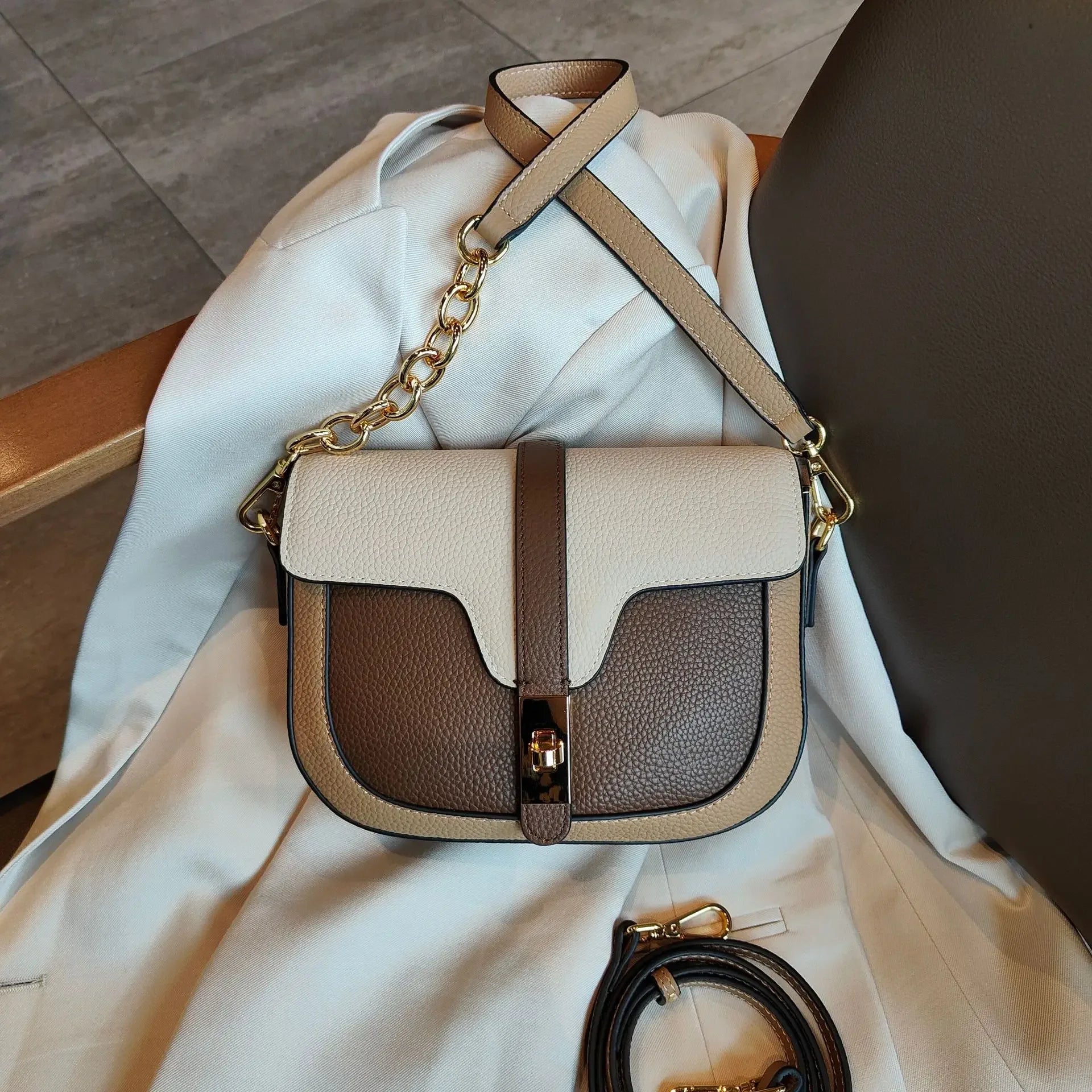 Women Luxury First Layer Saddle Bag - Compact Shoulder Crossbody Bags-Crossbody Bag-Coffee Beige-Free Shipping Leatheretro