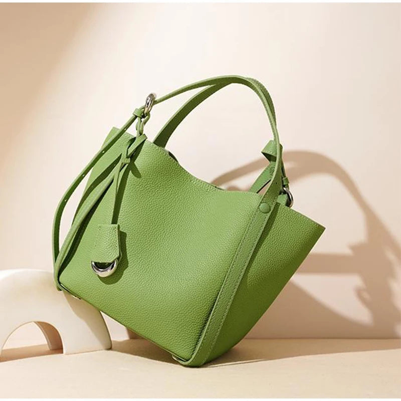 Genuine Leather Large Capacity Women's Bucket Handbag-Handbags-Green-Free Shipping Leatheretro