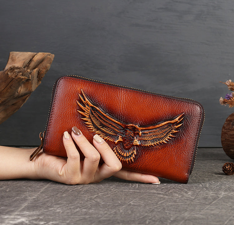 Full-Grain Leather Unisex Wallet - Multi-Card Slots, Eagle Design Spacious Design & Phone Pocket-Handbags, Wallets & Cases-Dark Brown-Free Shipping Leatheretro