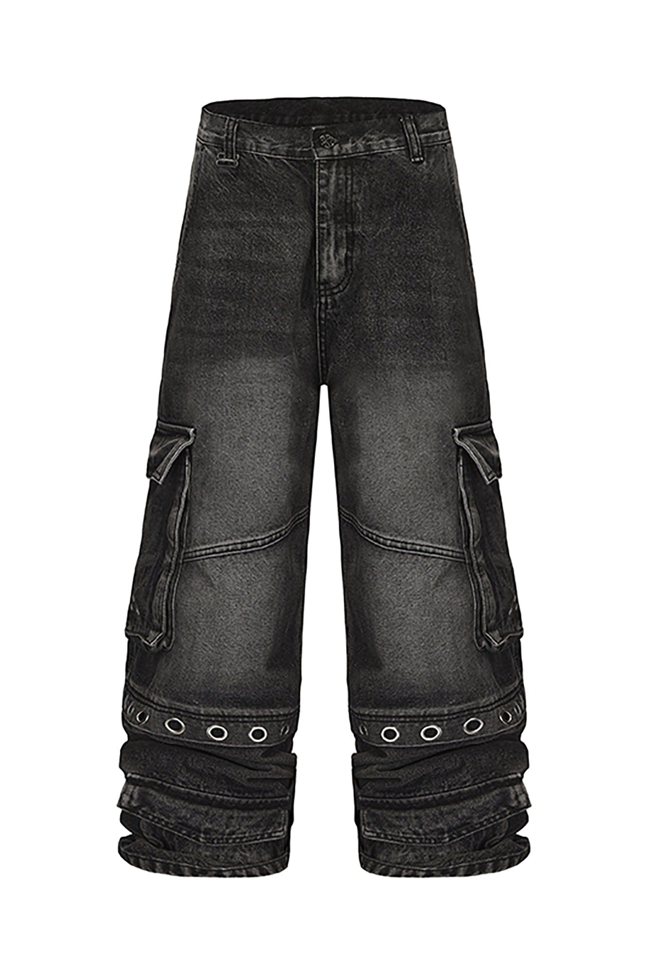 BLACK8MOB Washed Multi-Pocket Grommet Stacked Cargo Jeans-Jeans-XS-Free Shipping Leatheretro