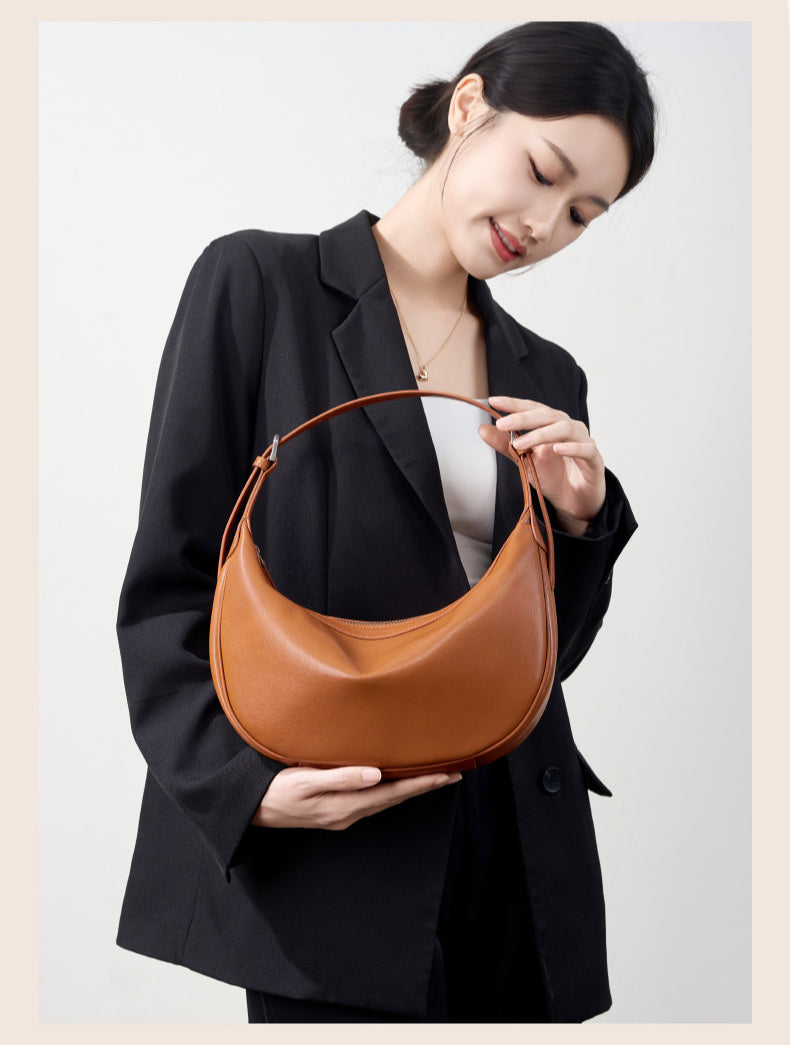 Moon Crescent Hobo Bag – Genuine Leather Large Capacity Shoulder Bag-Hobo Bags-Caramel-Free Shipping Leatheretro