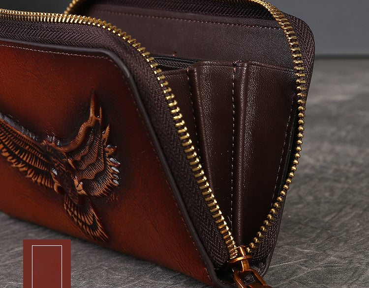 Full-Grain Leather Unisex Wallet - Multi-Card Slots, Eagle Design Spacious Design & Phone Pocket-Handbags, Wallets & Cases-Dark Brown-Free Shipping Leatheretro