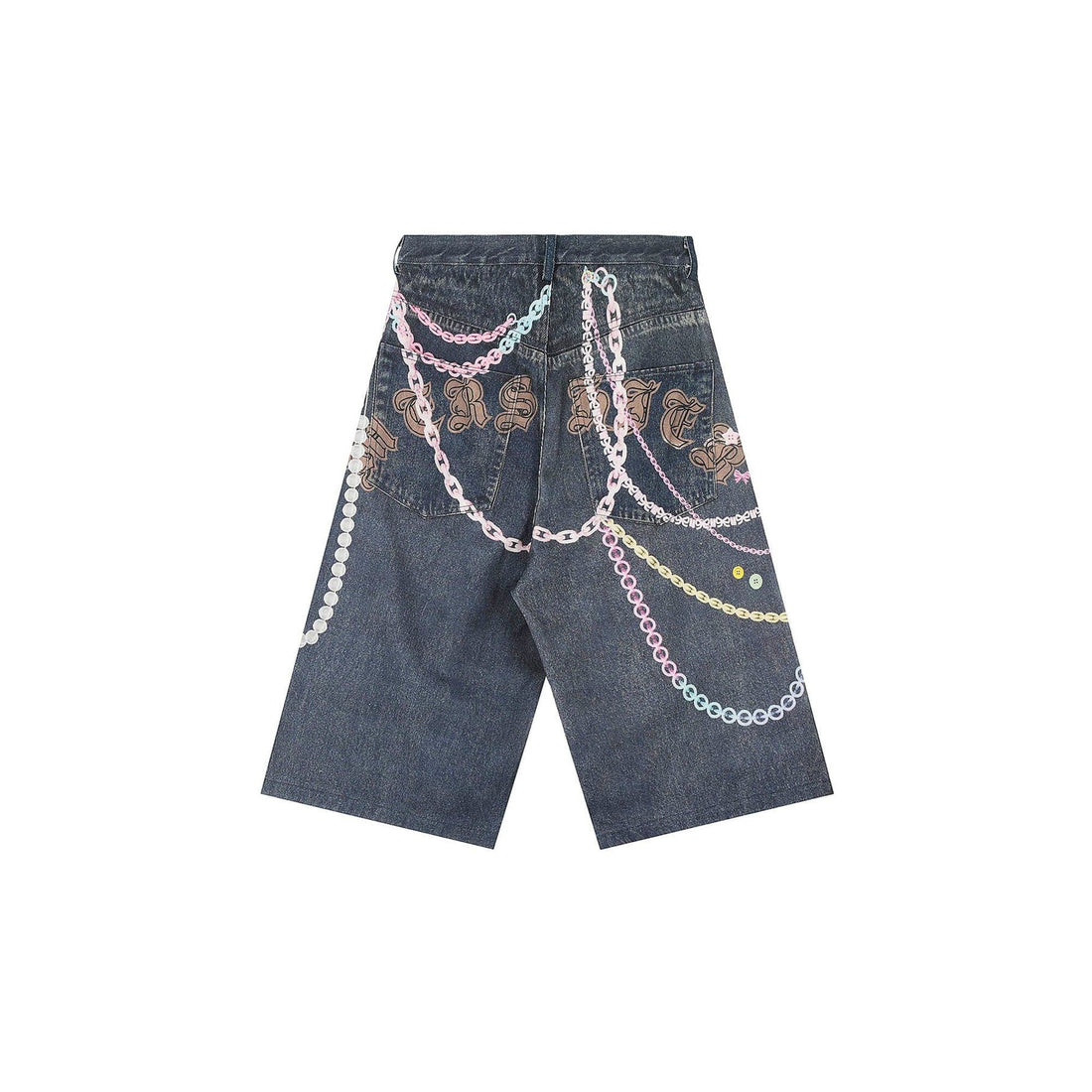 CLP Beaded Chain Graphics Wide-Leg Denim Shorts-Shorts-S-Free Shipping Leatheretro