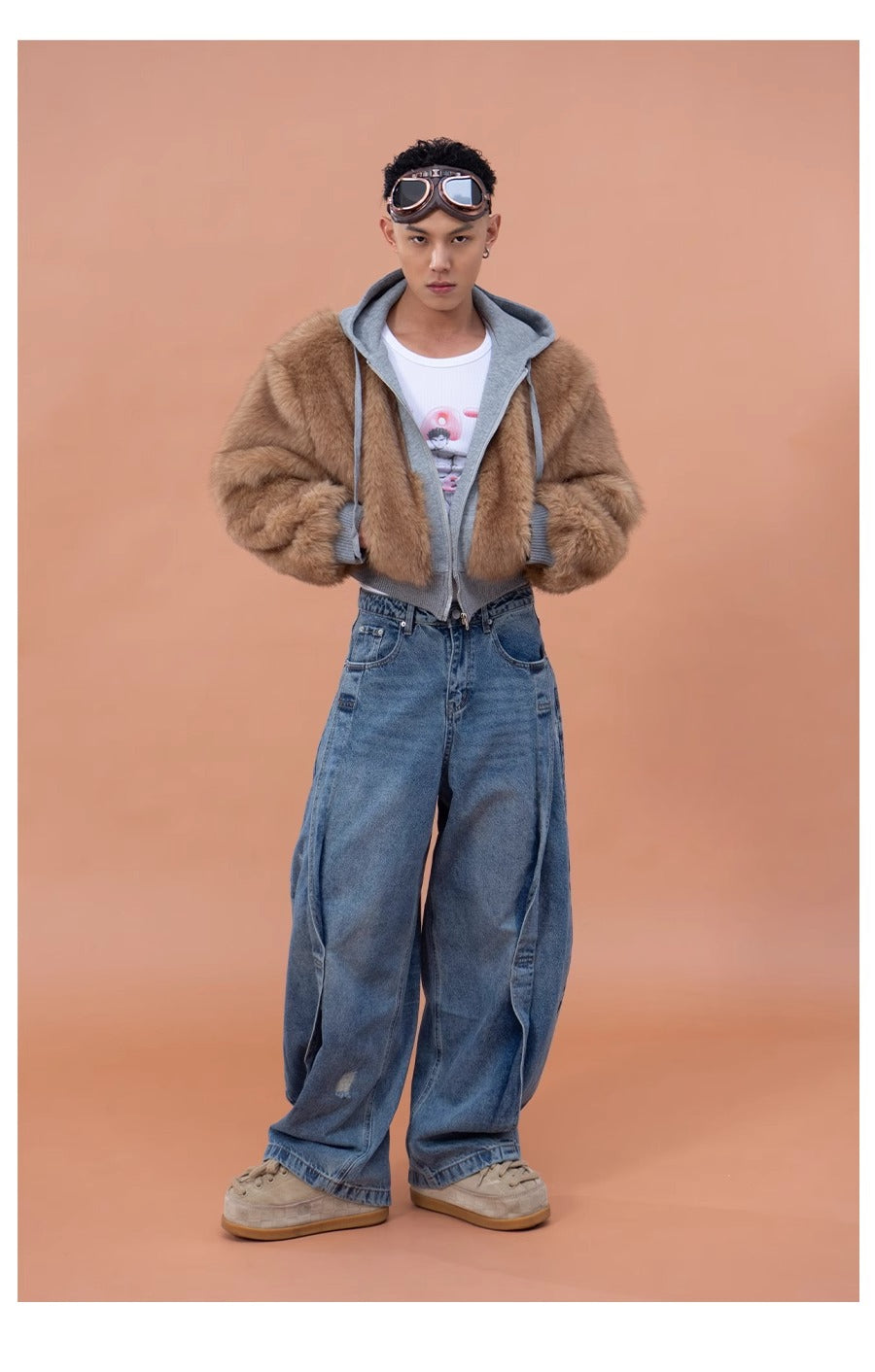 CLP Unisex Cropped Faux Fur Hoodie - Taupe Brown Zip-Up Coat-Brown-S-Free Shipping Leatheretro