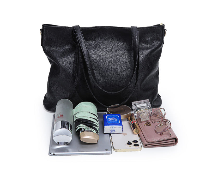 Genuine Leather Tote Bag for Women-黑色-Free Shipping Leatheretro