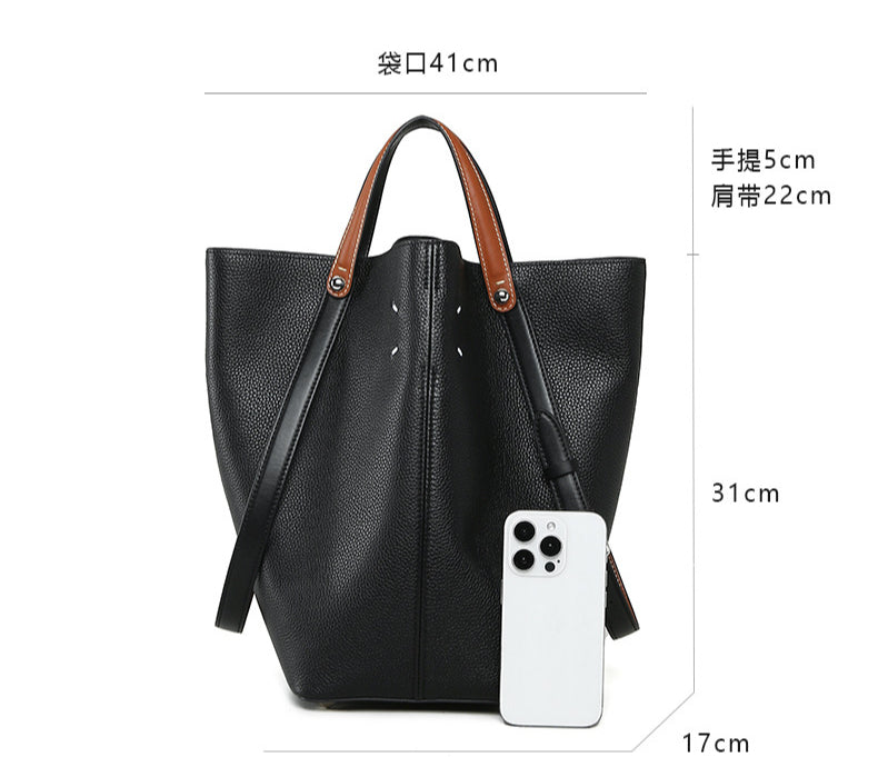 Top-Grain Leather Bucket Bag – Spacious Work Tote & Shoulder Bag for Women-Handbags-Black-17*17*31cm-Free Shipping Leatheretro
