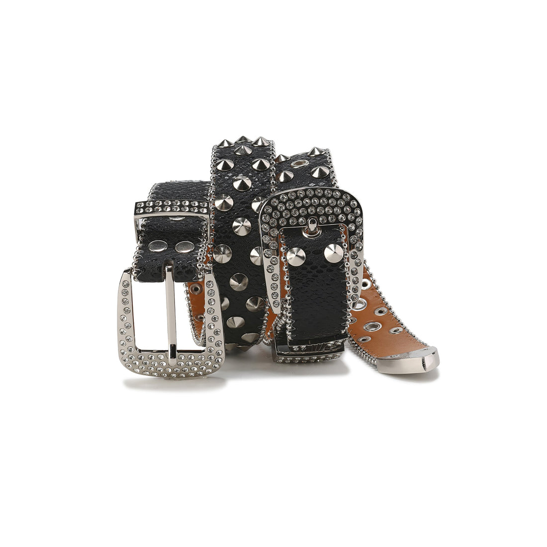 CYCYCY Serpentine Embossed Double Buckle Studded Belt Black-Accessories-One Size-Free Shipping Leatheretro