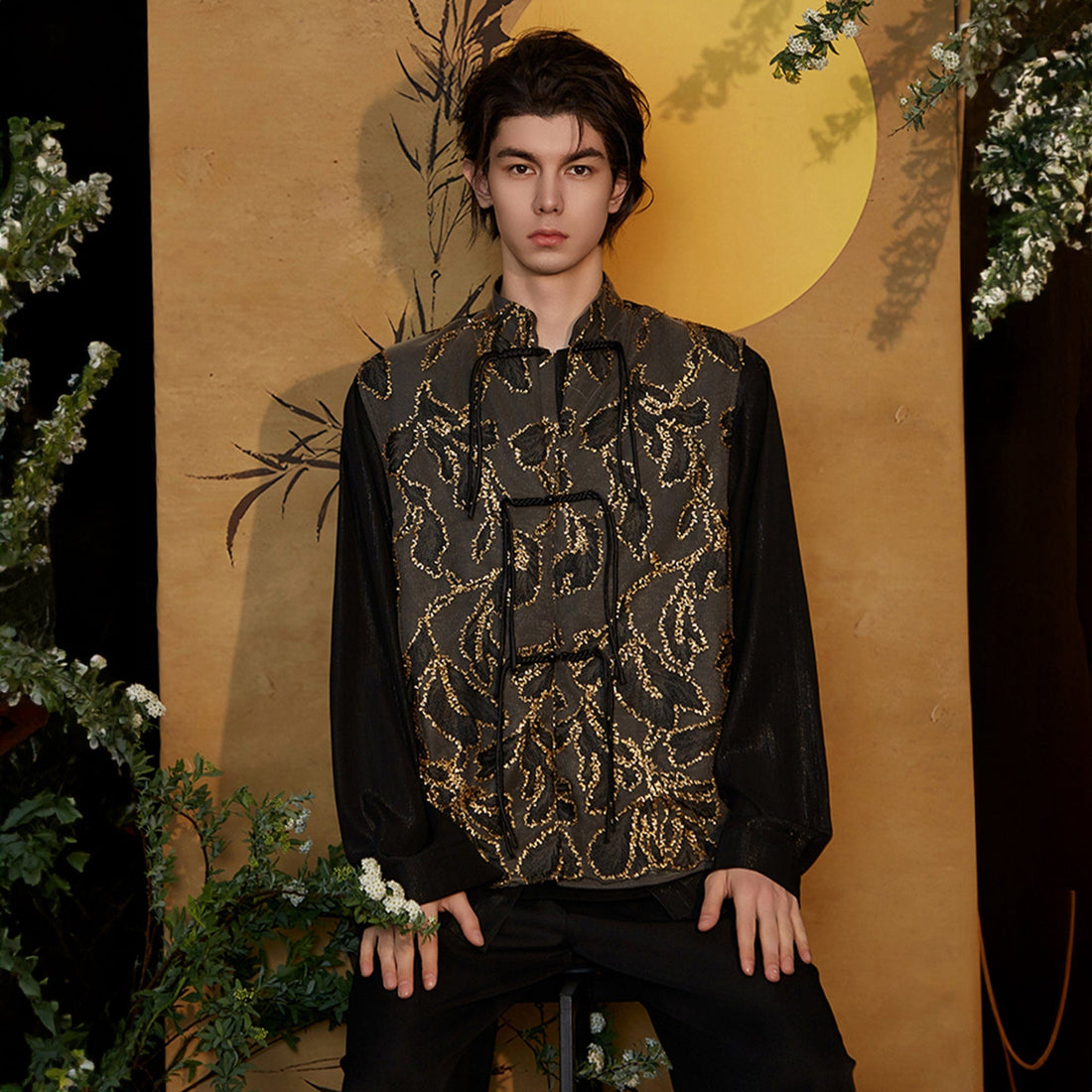 JIECHI Embroidered Metallic Jacquard Frog Button Shirt-Shirt-M-Free Shipping Leatheretro