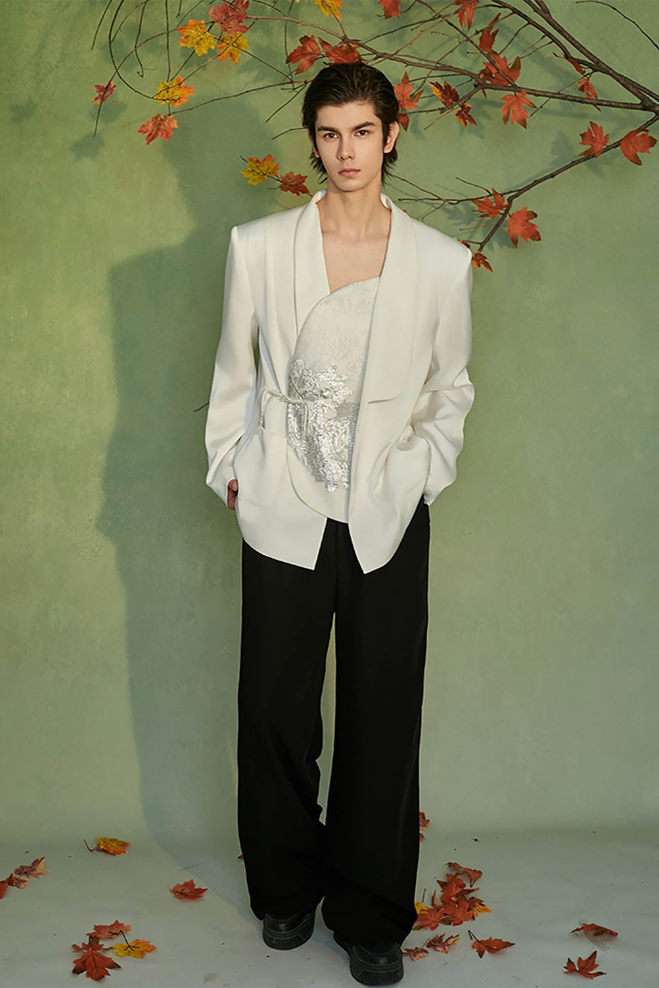 JIECHI Asymmetrical Curved Placket Jacquard Blazer-Jacket-M-Free Shipping Leatheretro