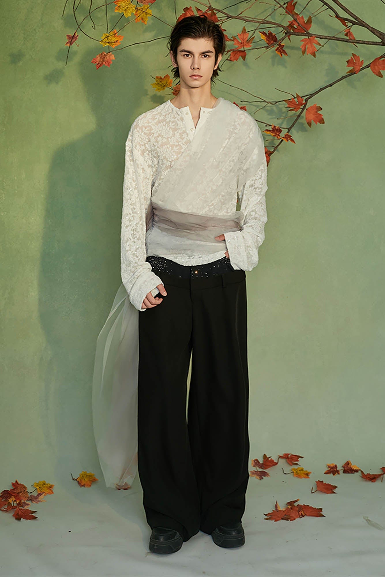 JIECHI Layered Sheer Wrap Lace Henley Shirt-L/S Tee-M-Free Shipping Leatheretro