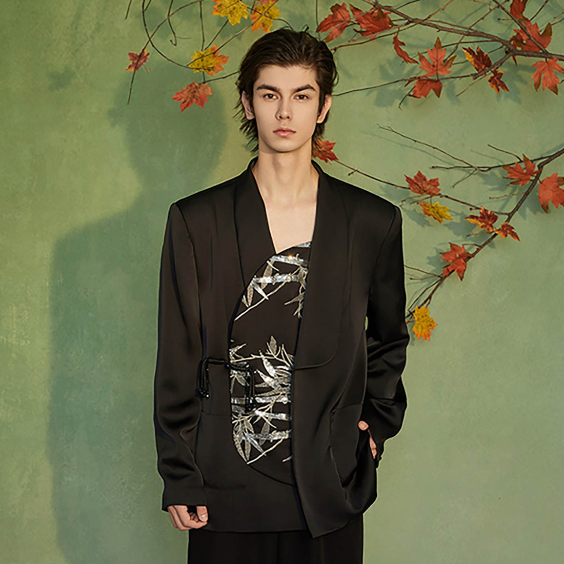 JIECHI Silver Bamboo Embroidery Asymmetrical Placket Blazer-Jacket-M-Free Shipping Leatheretro
