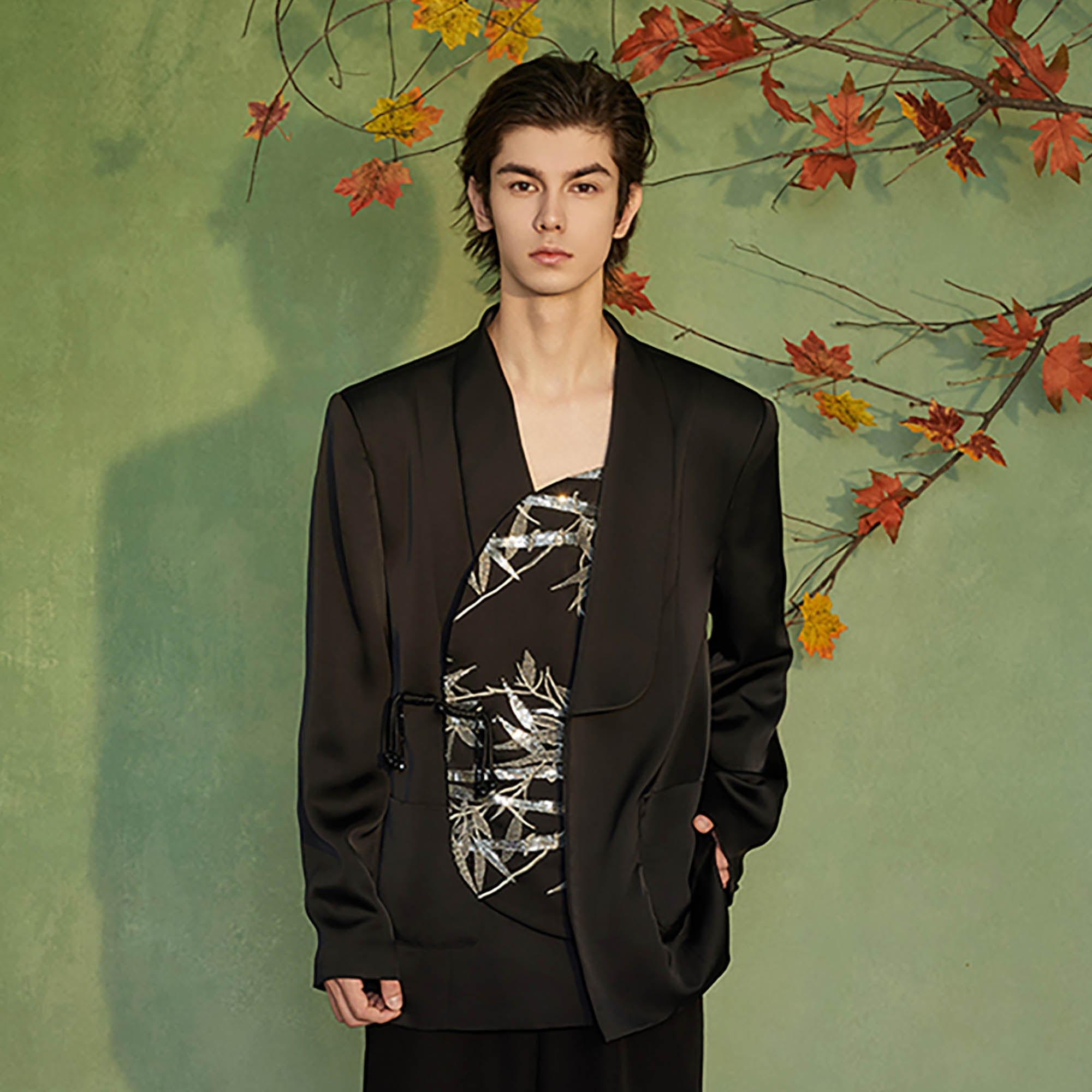 JIECHI Silver Bamboo Embroidery Asymmetrical Placket Blazer-Jacket-M-Free Shipping Leatheretro