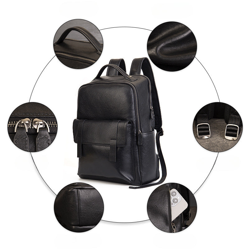 Genuine Vege-Tanned Leather Men's Backpack-Backpack-Black-Free Shipping Leatheretro