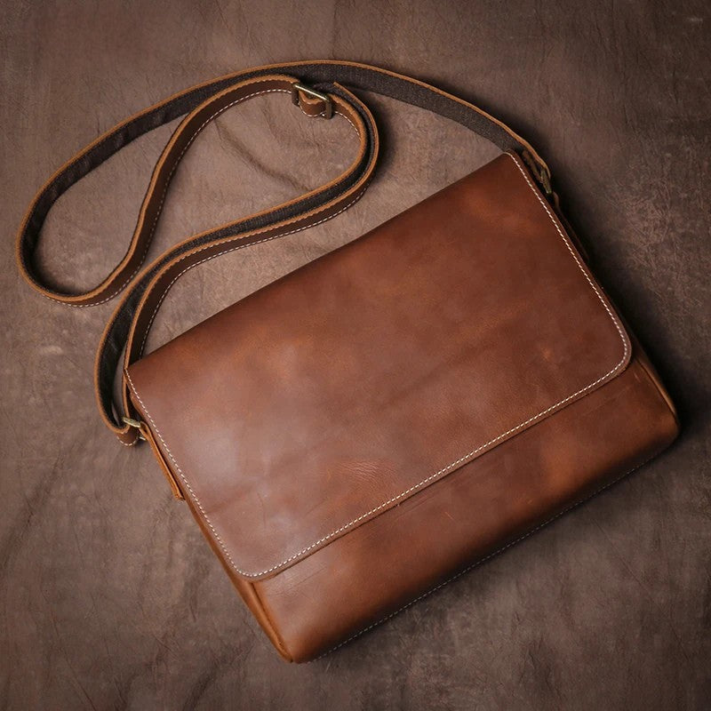 Crazy Horse Leather Messenger Bag - Men's Vintage Flap Crossbody Bags-Messenger Bag-Dark Brown-Free Shipping Leatheretro