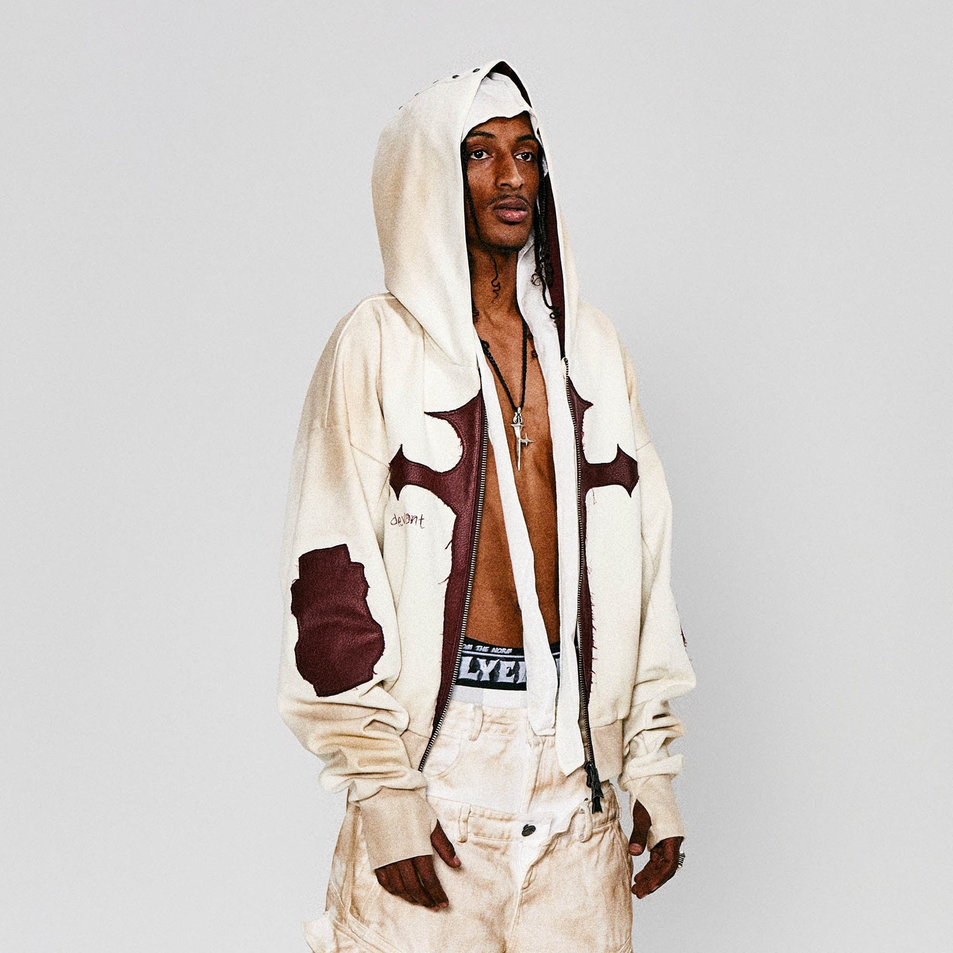 FLYERRER Distressed Cross Patch Studded Hooded Jacket-Jacket-S-Free Shipping Leatheretro