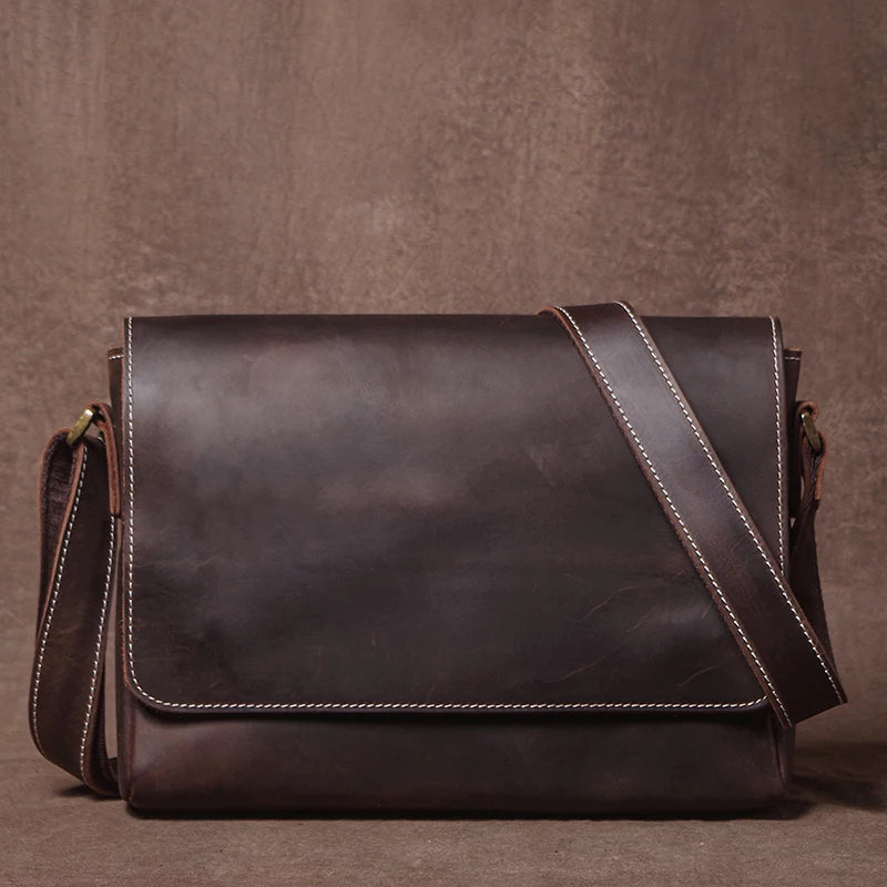 Crazy Horse Leather Messenger Bag - Men's Vintage Flap Crossbody Bags-Messenger Bag-Dark Brown-Free Shipping Leatheretro